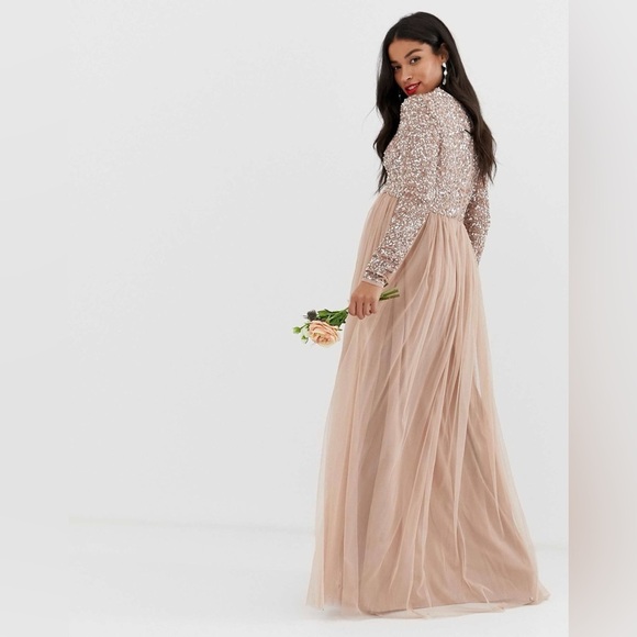New Maya Maternity long sleeved maxi dress sequin tulle skirt taupe blush 12 - Picture 2 of 13